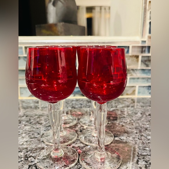 Vintage Ruby Red Cordial Set of 6 Crystal Glass Stems 5" Tall - Picture 7 of 11